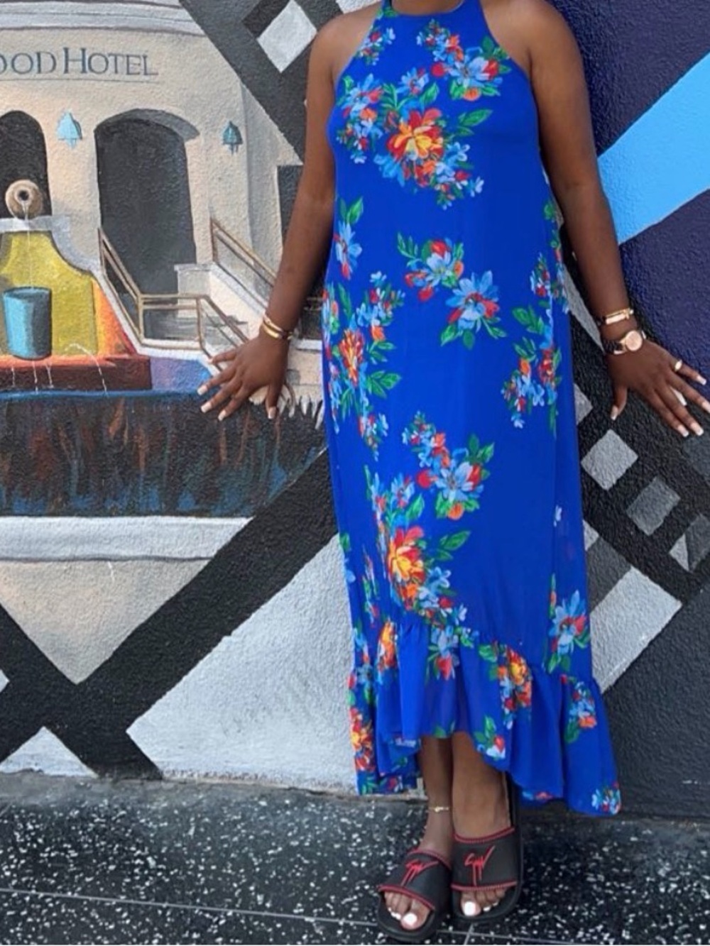 Ralph Lauren Royal Blue Floral Halter Maxi Dress